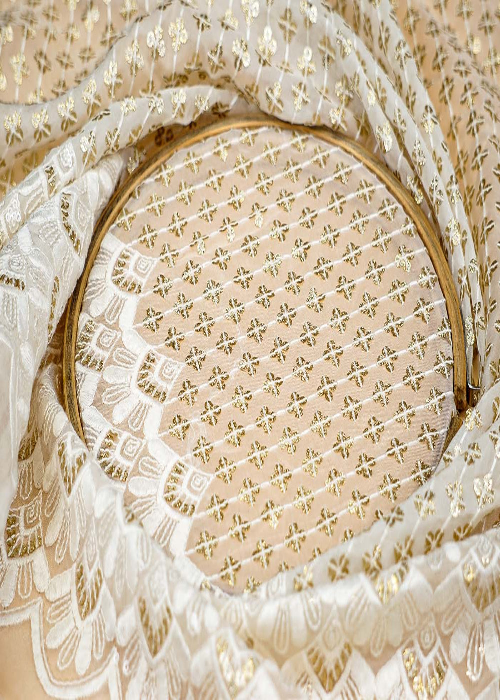 (Pre-Cut-2.6-Mtr)-White-Organza-Fabric-with-All-Over-Thread-and-Sequins-Work