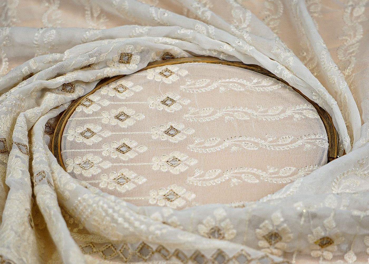 (Pre-Cut 4 Mtr) raditional Elegance Georgette Fabric with Threadwork and Sequins