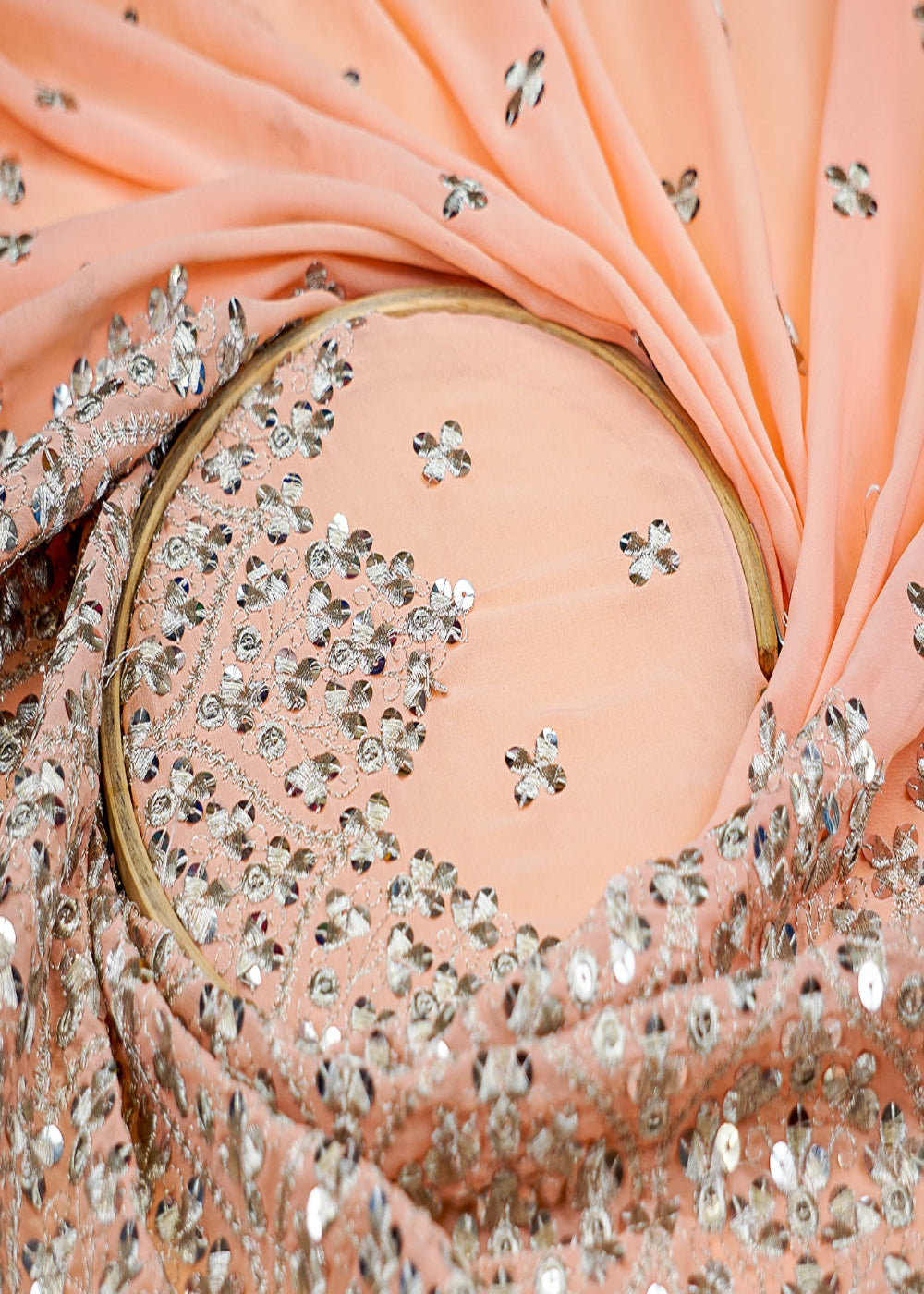 (Pre-Cut-1.3-Mtr)-Peach-Georgette-Fabric-with-Threadwork-and-Sequins,-and-One-Side-Heavy-Border