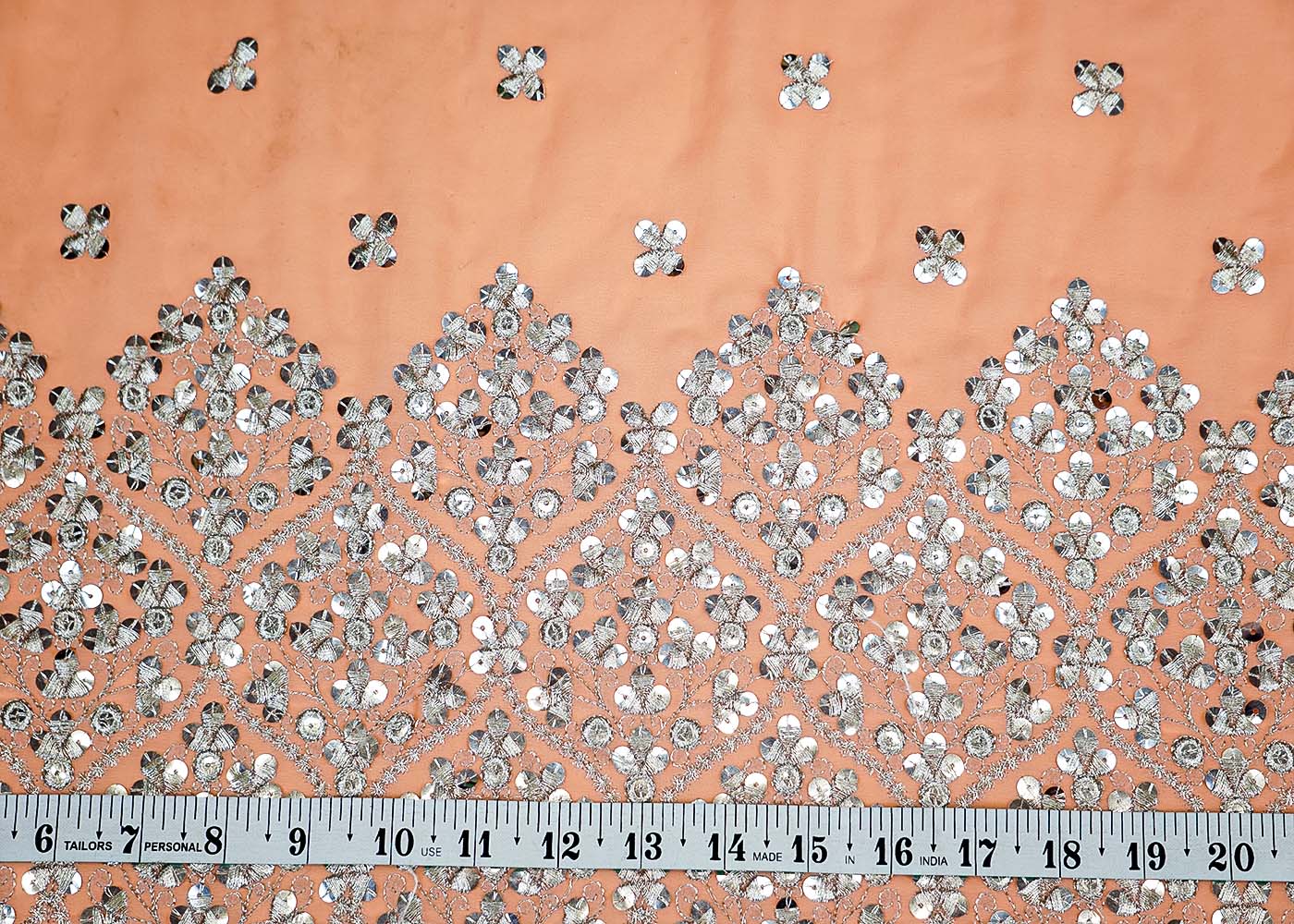 (Pre-Cut 1.3 Mtr) Elegant Georgette Fabric with Threadwork and Sequins, and One-Side Heavy Border