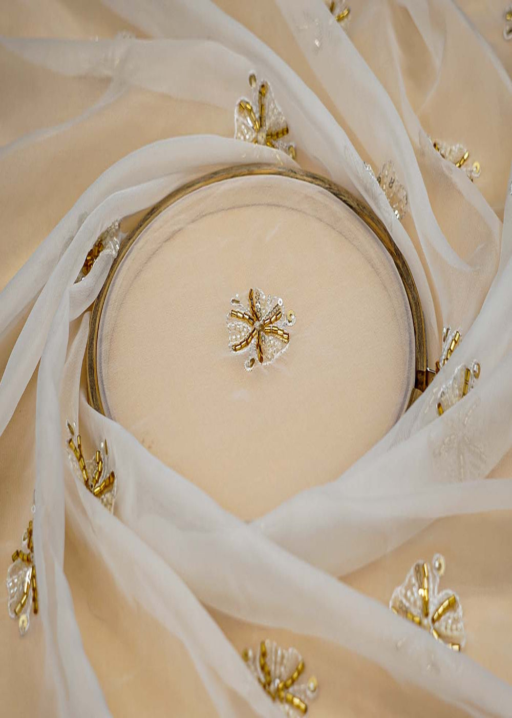 (Pre-Cut-1.65-Mtr)-White-Organza-Fabric-with-All-Over-Buti-of-Thread,-Kutdana,-Beads,-and-Sequins