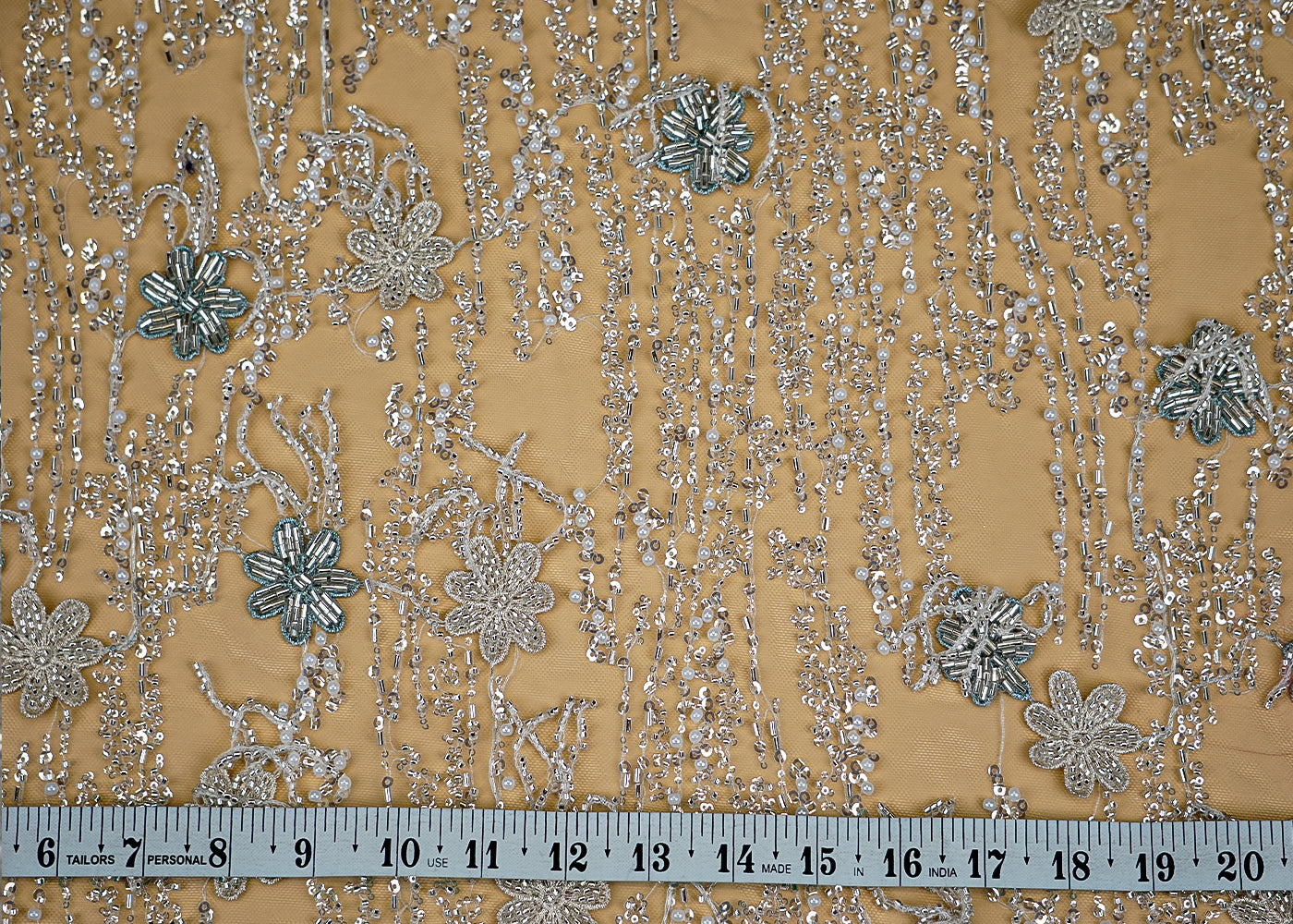 (Pre-Cut 0.6 Mtr) Imported Net Fabric with applique work All-Over Kutdana, Sequins, and Bead Work