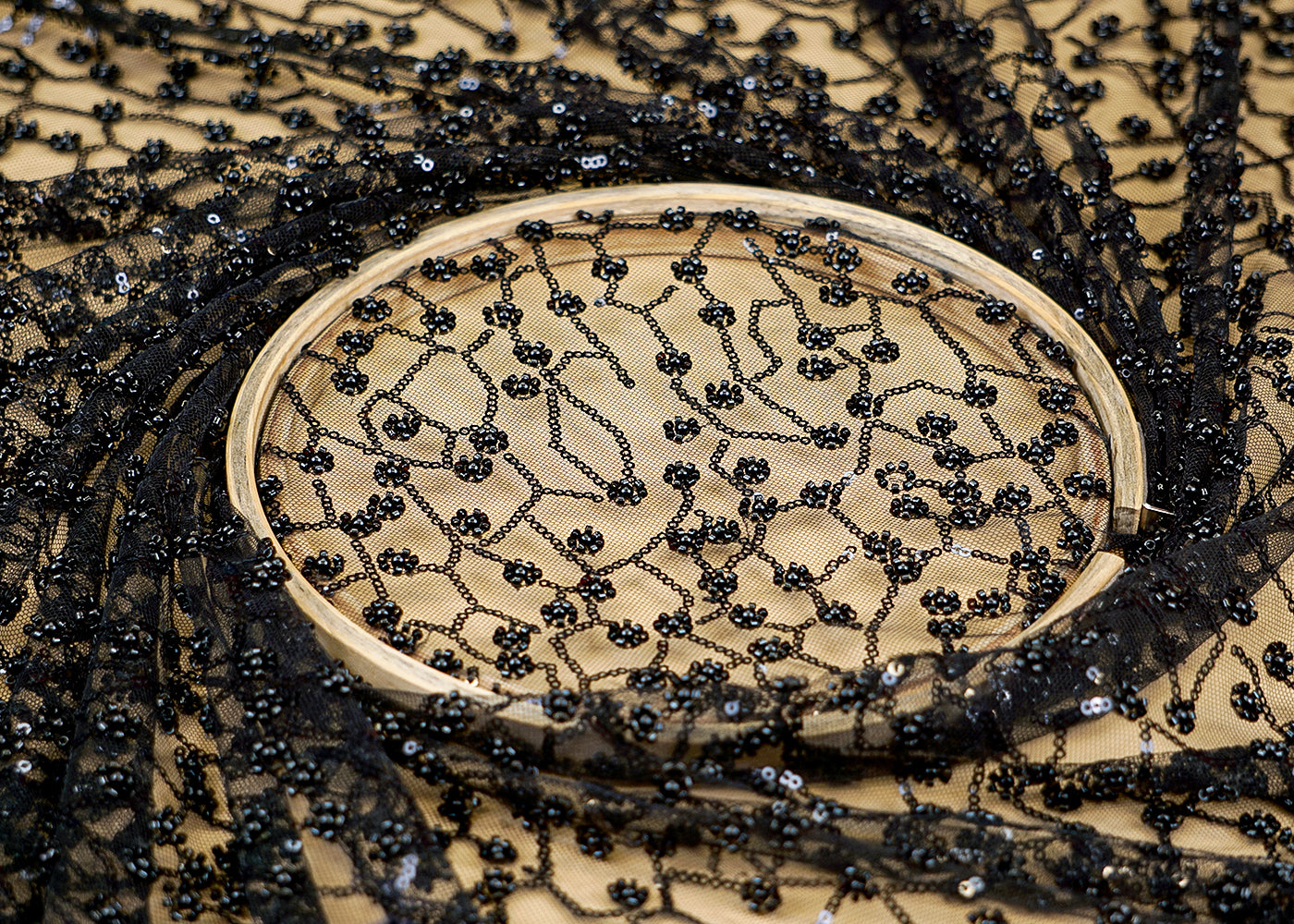 (Pre-Cut 1.4 Mtr) Pearl Radiance Imported Black Net with All-Over Sequins and Handwork