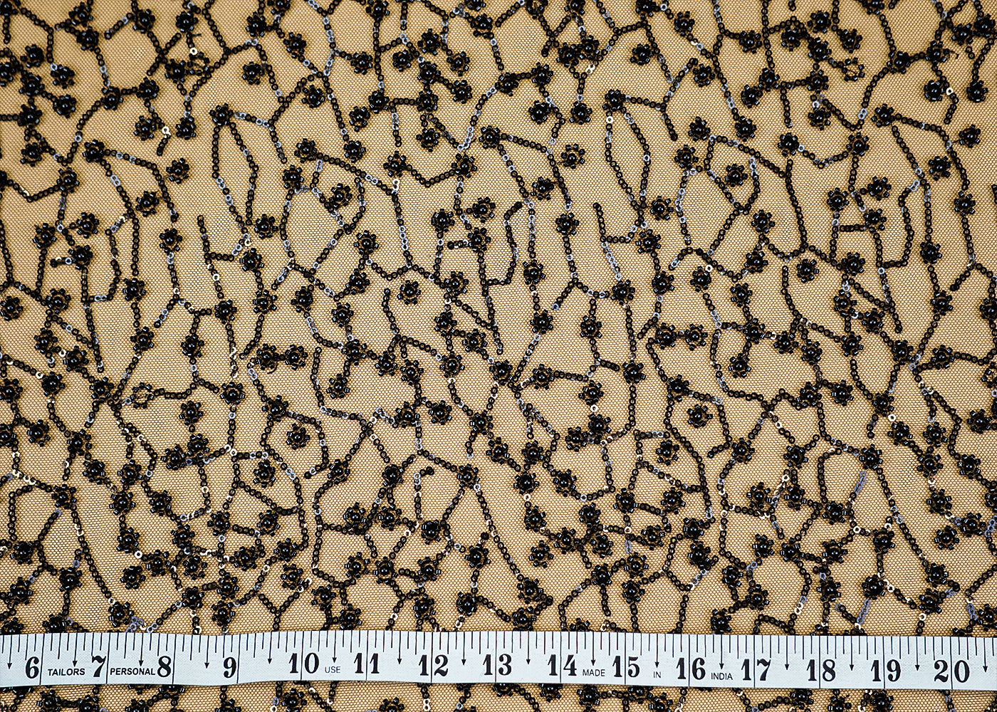 (Pre-Cut 1.4 Mtr) Pearl Radiance Imported Black Net with All-Over Sequins and Handwork