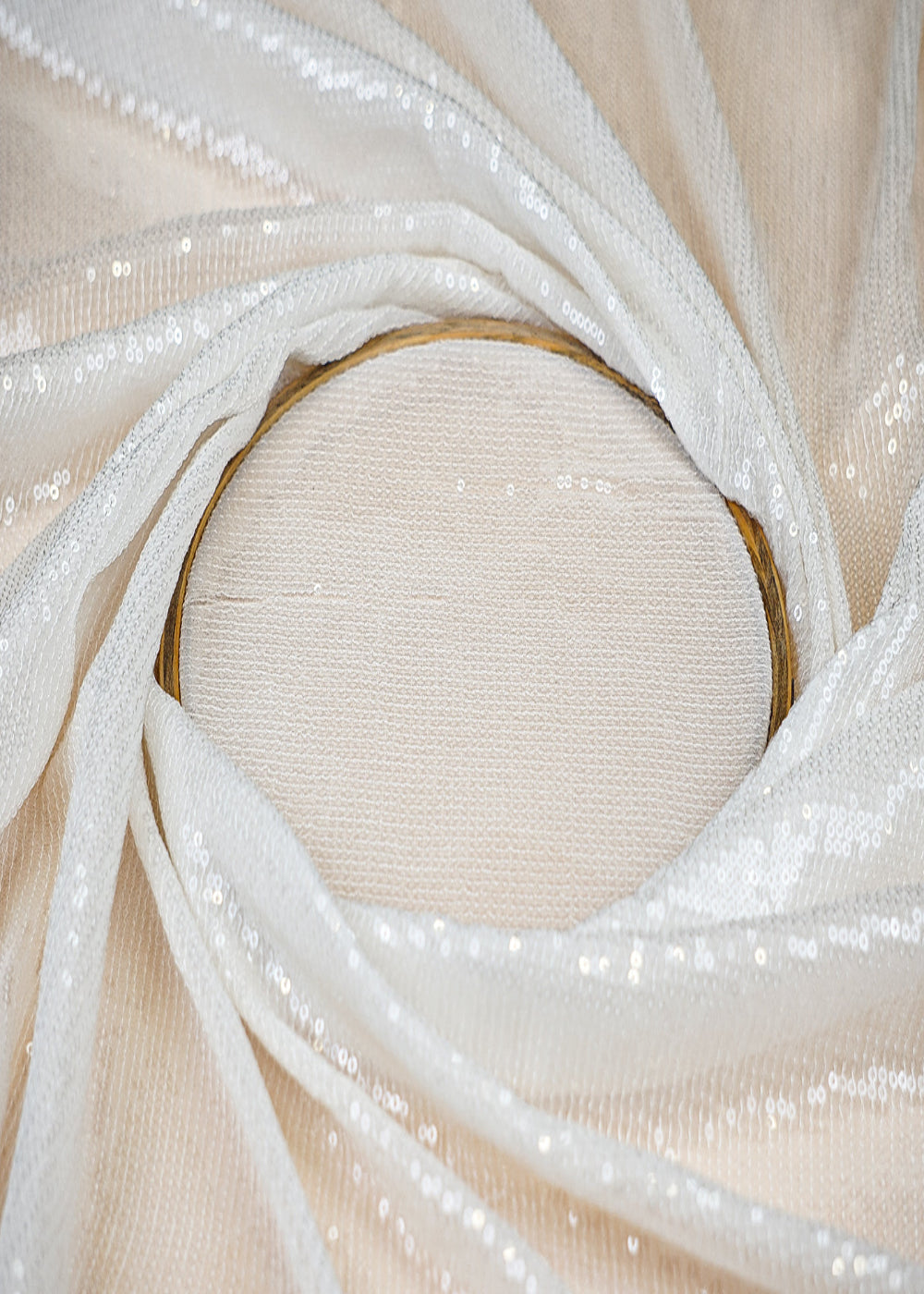 (Pre-Cut-2.65-Mtr)-White-Georgette-Fabric-with-Thread,-Faux-Mirror,-Sequins-Work,-Heavy-Border