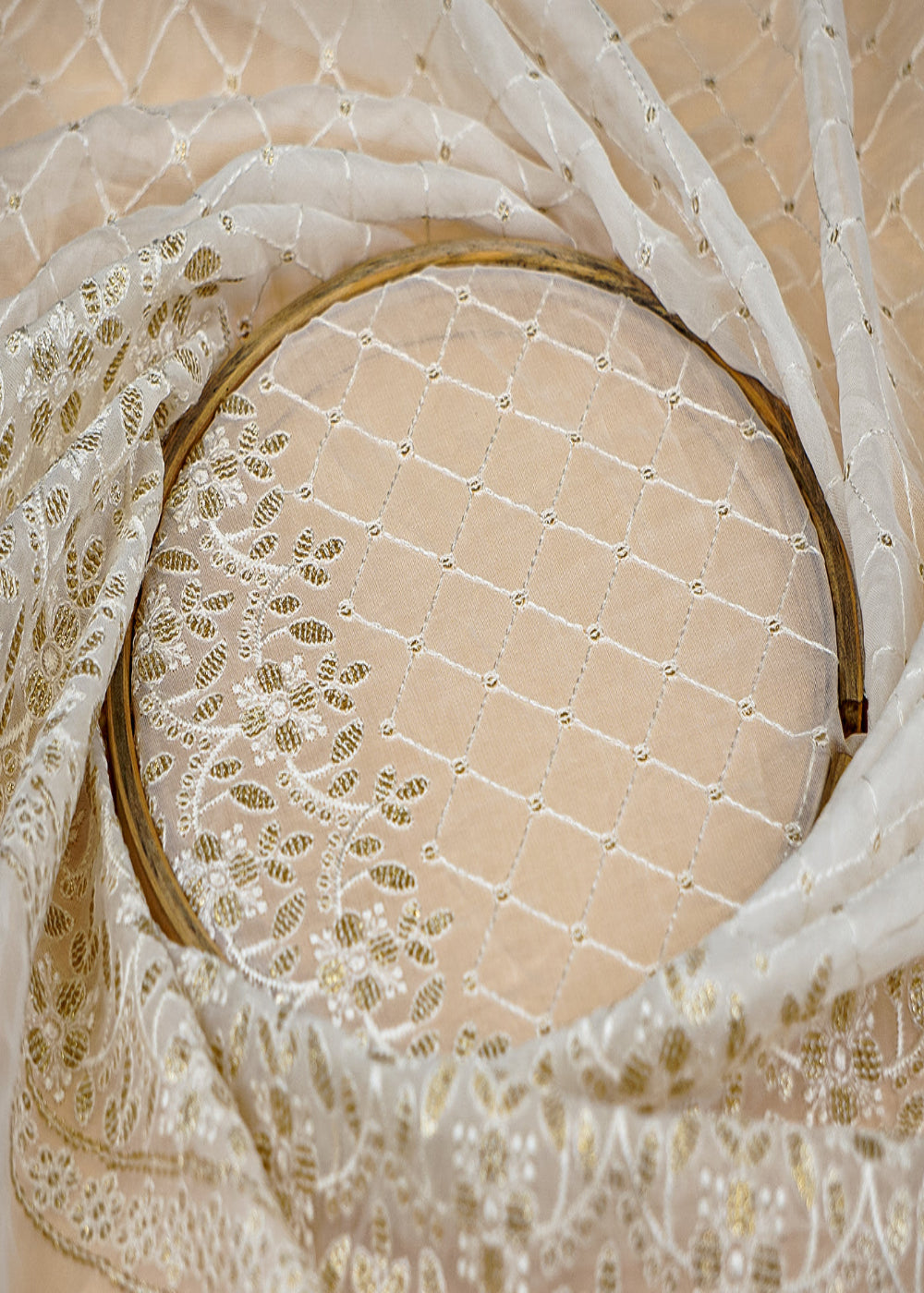 (Pre-Cut-3.45-Mtr)-White-Organza-Fabric-with-Heavy-Thread-and-Sequins-Border