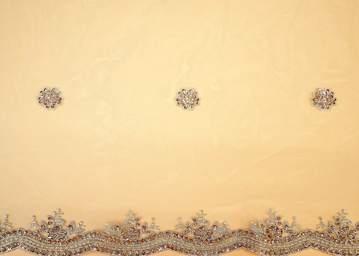 (PRE-CUT 2MTR) Imported Net Dupatta Fabric with Thread, Bead, Kutdana, Sequins, Buti & Both-Side Scalloped Border 11354