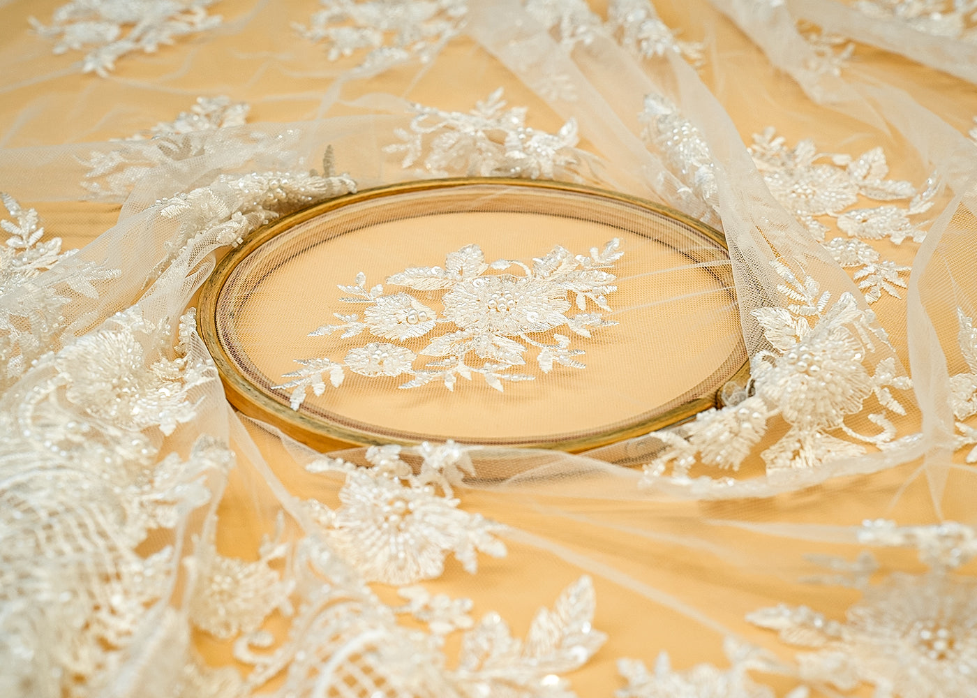 (PRE-CUT 1.65MTR) Imported Net with Buti of Sequins, Thread, Beads, and Pearl Handwork with Scalloped Borders 11356