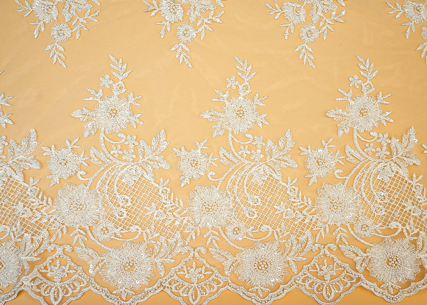 (PRE-CUT 1.65MTR) Imported Net with Buti of Sequins, Thread, Beads, and Pearl Handwork with Scalloped Borders 11356
