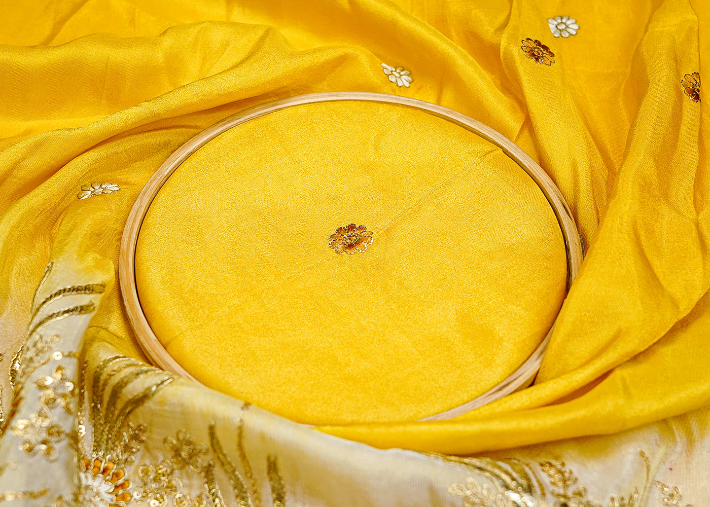 (PRE-CUT 1.75MTR) Tissue Ombre Fabric with Allover Floral Buti of Thread and Sequins with Heavy Border 11357
