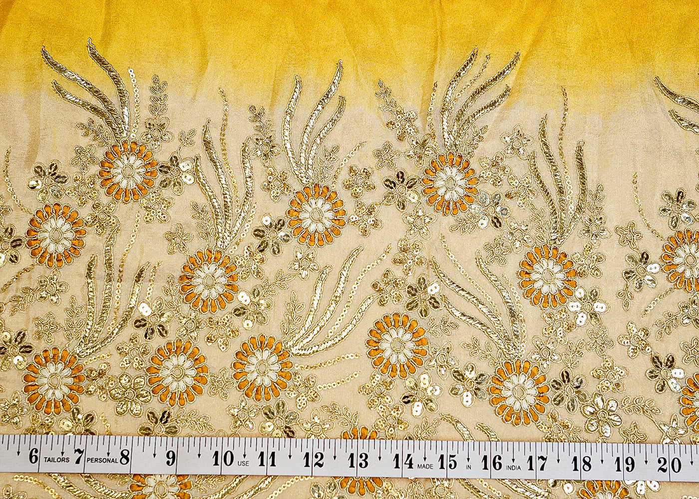 (PRE-CUT 1.75MTR) Tissue Ombre Fabric with Allover Floral Buti of Thread and Sequins with Heavy Border 11357
