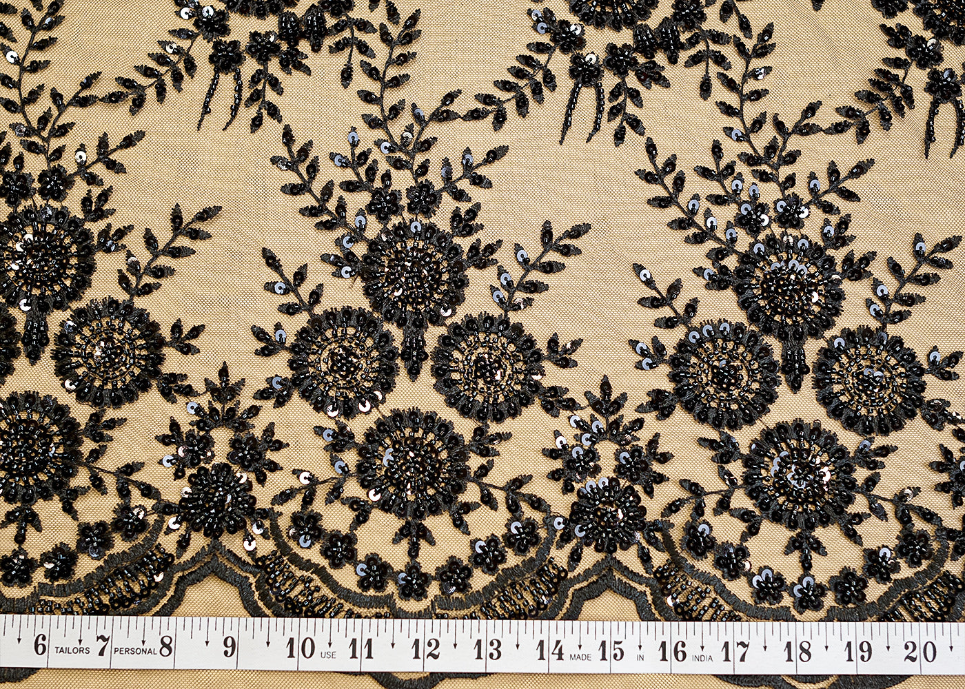(PRE-CUT 1.7MTR) Imported Net with Buti of Thread, Beads, Sequins Handwork with Both-Side Scalloped Borders 11378