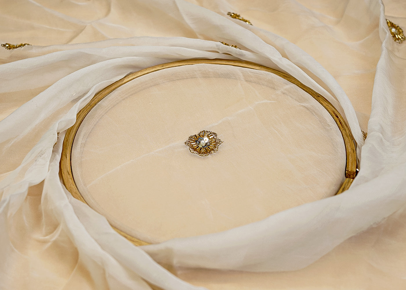 (PRE-CUT 1.4MTR) Organza Fabric with Allover Buti of Kutdana, Sequins, and Thread Work 11389