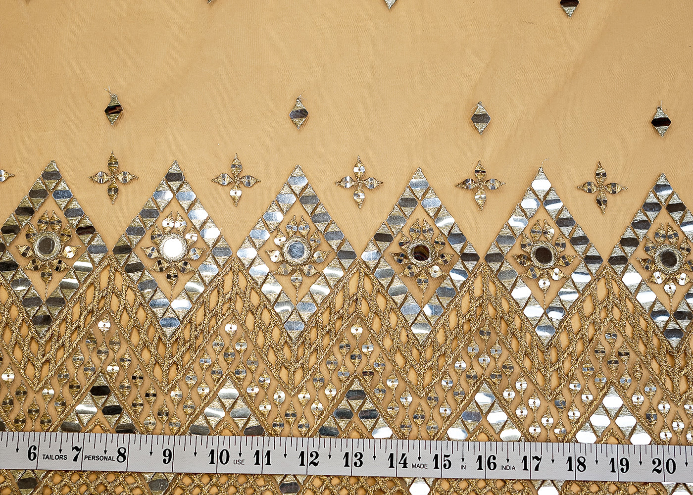 (PRE-CUT 2MTR) Net Fabric with Thread and Faux Mirror Work with Heavy Border 11392