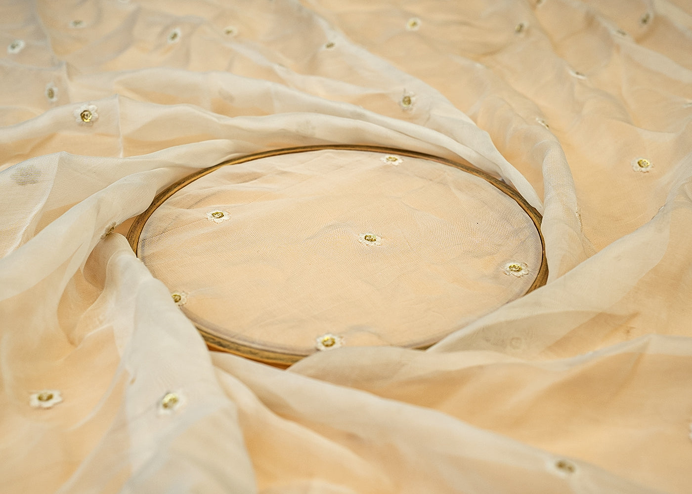 (PRE-CUT 1.6MTR) White Organza Fabric with Allover Buti of Thread and Sequins 11398