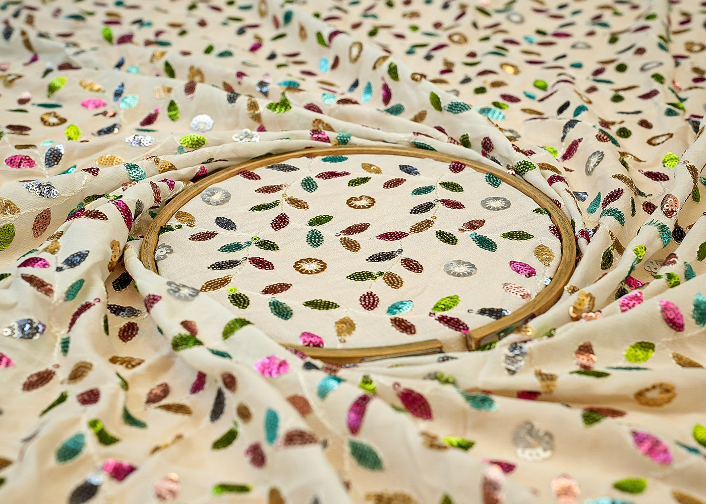 (PRE-CUT 1.8MTR) Georgette Fabric with Allover Thread & Multicolor Sequins 11401