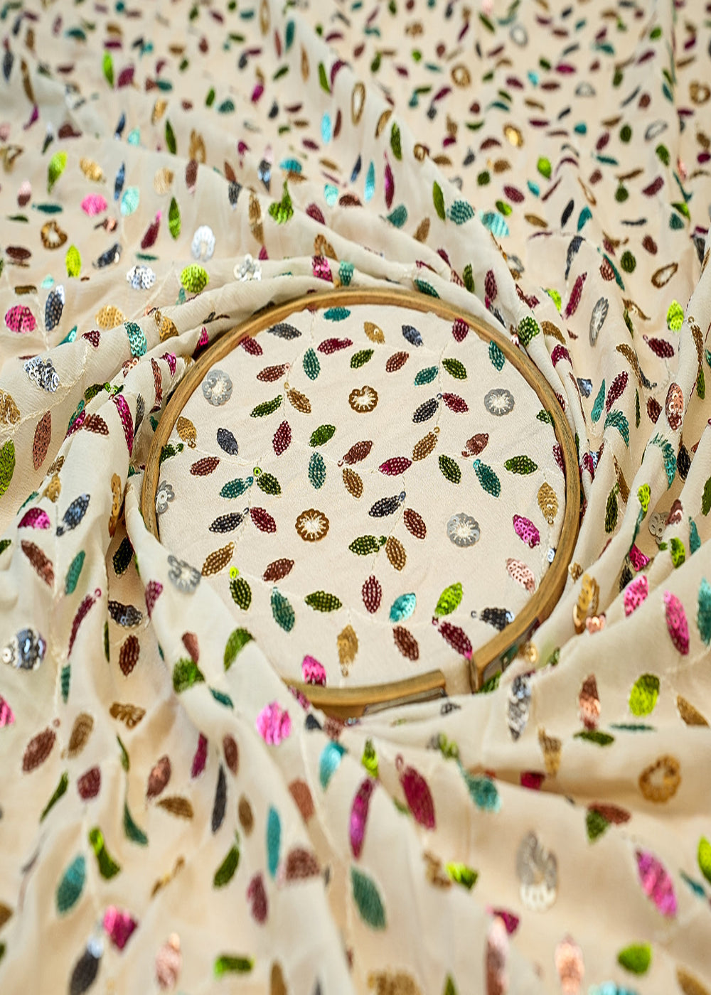 (PRE-CUT-1.8MTR)-White-Georgette-Fabric-with-Allover-Thread-&-Multicolor-Sequins-11401
