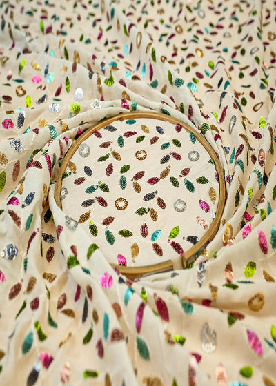 (PRE-CUT 1.8MTR) White Georgette Fabric with Allover Thread & Multicolor Sequins 11401