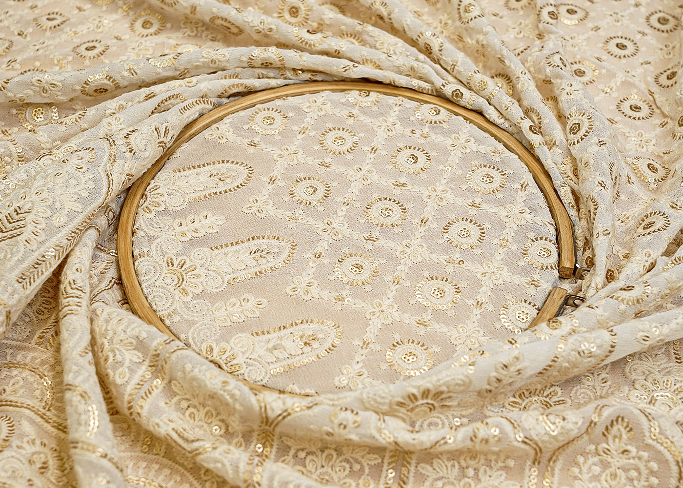 (PRE-CUT 1.7MTR) Georgette Fabric with Allover Sequins & Threadwork with Border 11407