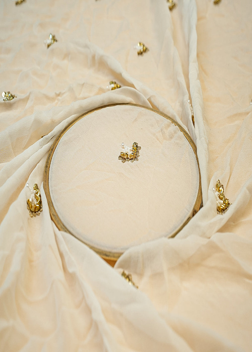 (PRE-CUT-1MTR)-White-Georgette-Fabric-with-Allover-Buti-of-Sequins,-Zari,-Beads-&-Katdana-11410
