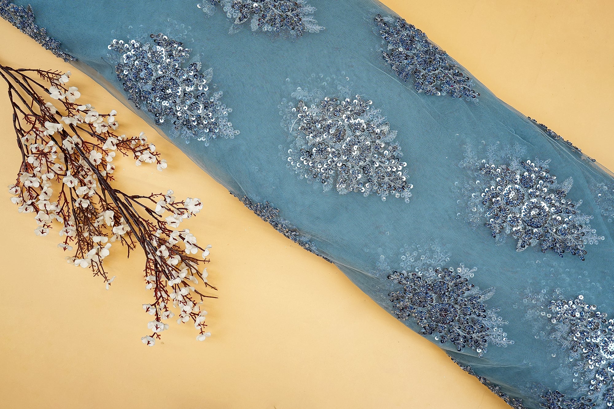 Blue-Imported-Net-Floral-Patchwork-Elegance-with-Scalloped-Border,-Sequins,-Beads,-and-Threadwork-| -11501