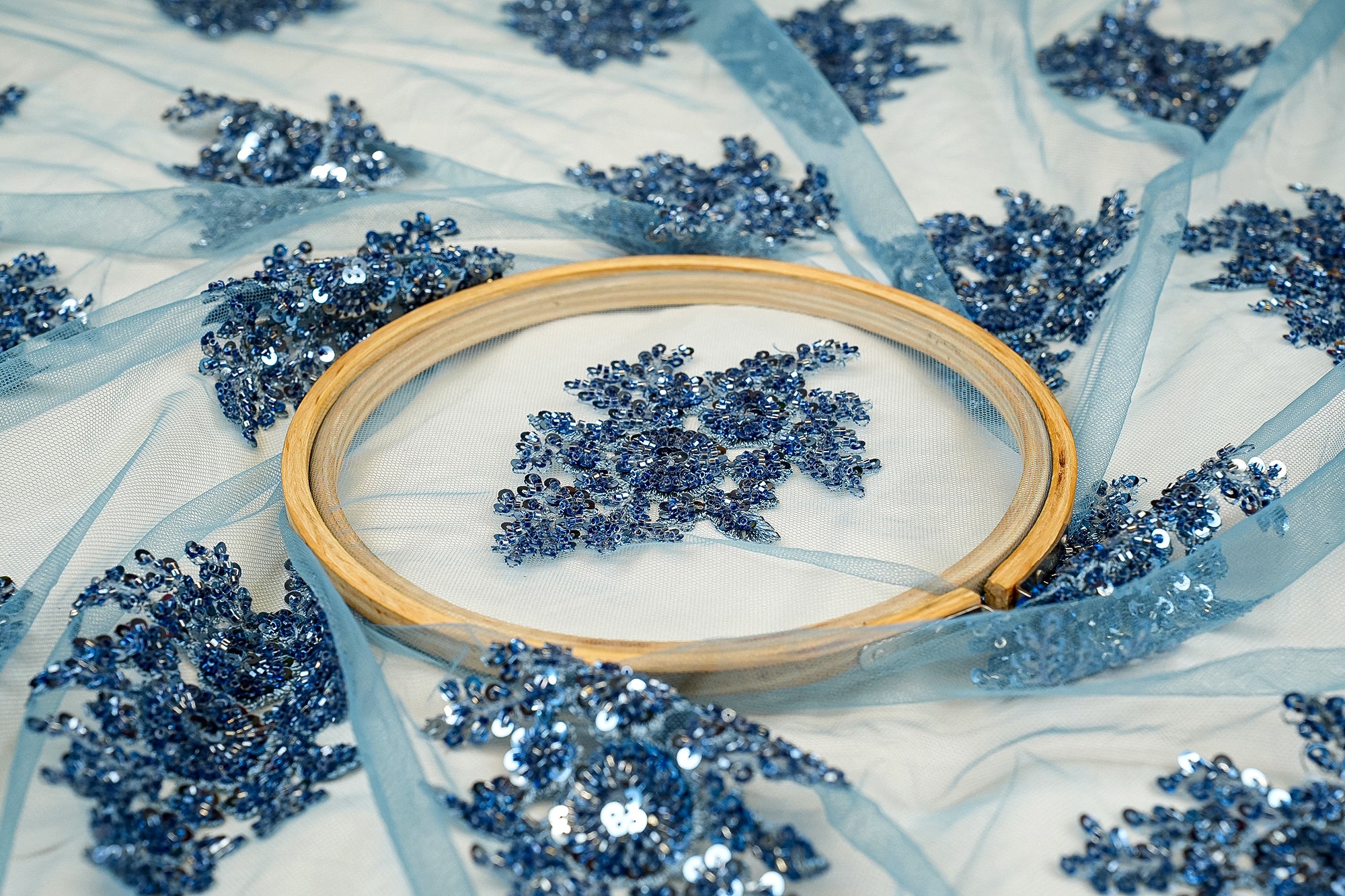 Blue-Imported-Net-Floral-Patchwork-Elegance-with-Scalloped-Border,-Sequins,-Beads,-and-Threadwork-| -11501-close-view