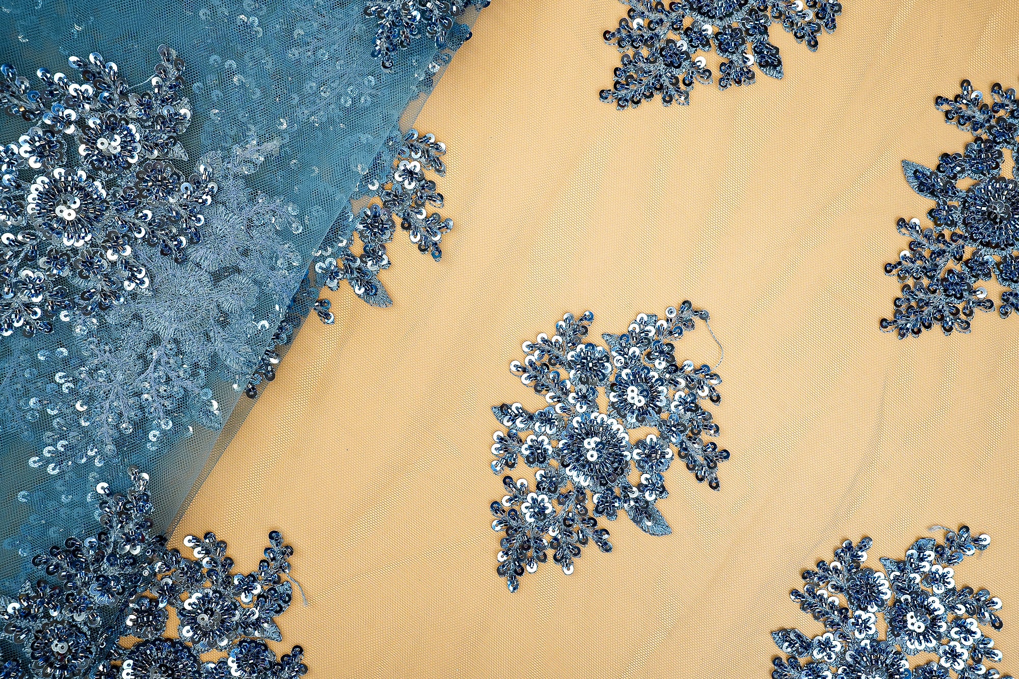 Blue-Imported-Net-Floral-Patchwork-Elegance-with-Scalloped-Border,-Sequins,-Beads,-and-Threadwork-| -11501-net-view
