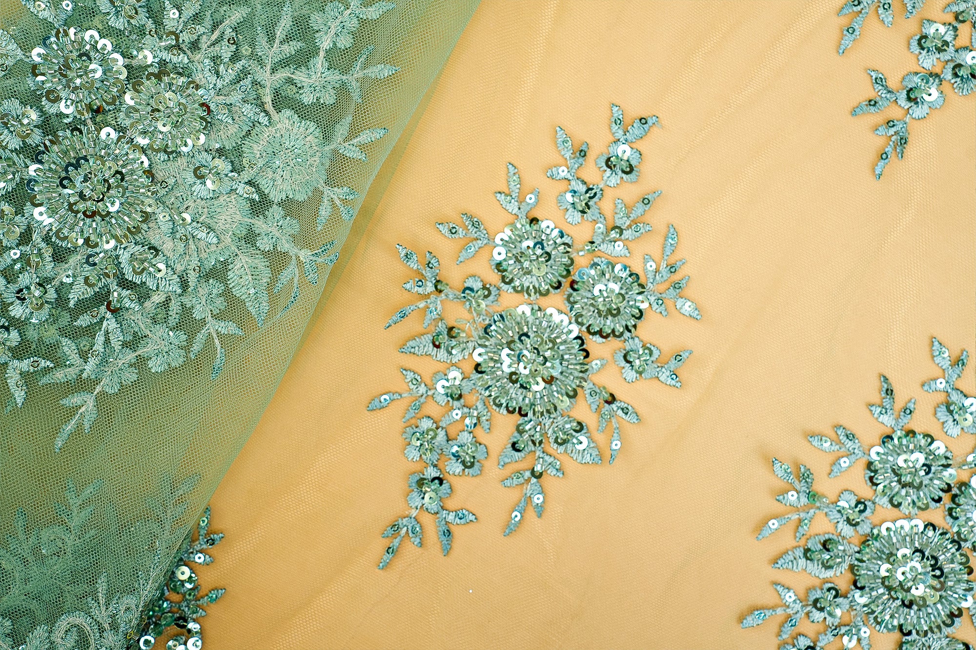 Rama Imported Net Floral Patchwork Elegance with Scalloped Border, Sequins, Beads, and Threadwork