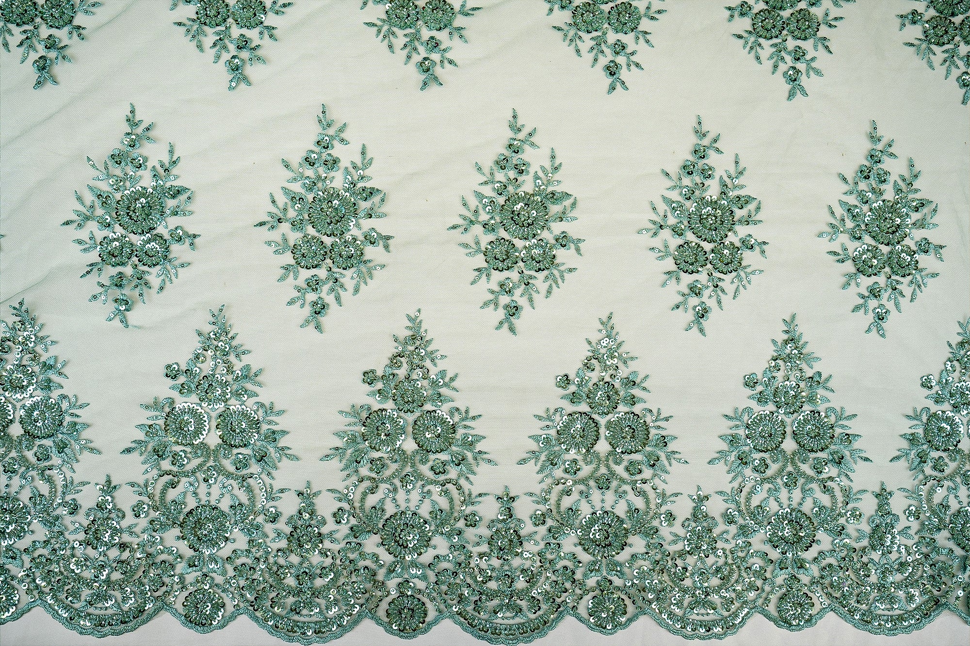 Rama Imported Net Floral Patchwork Elegance with Scalloped Border, Sequins, Beads, and Threadwork
