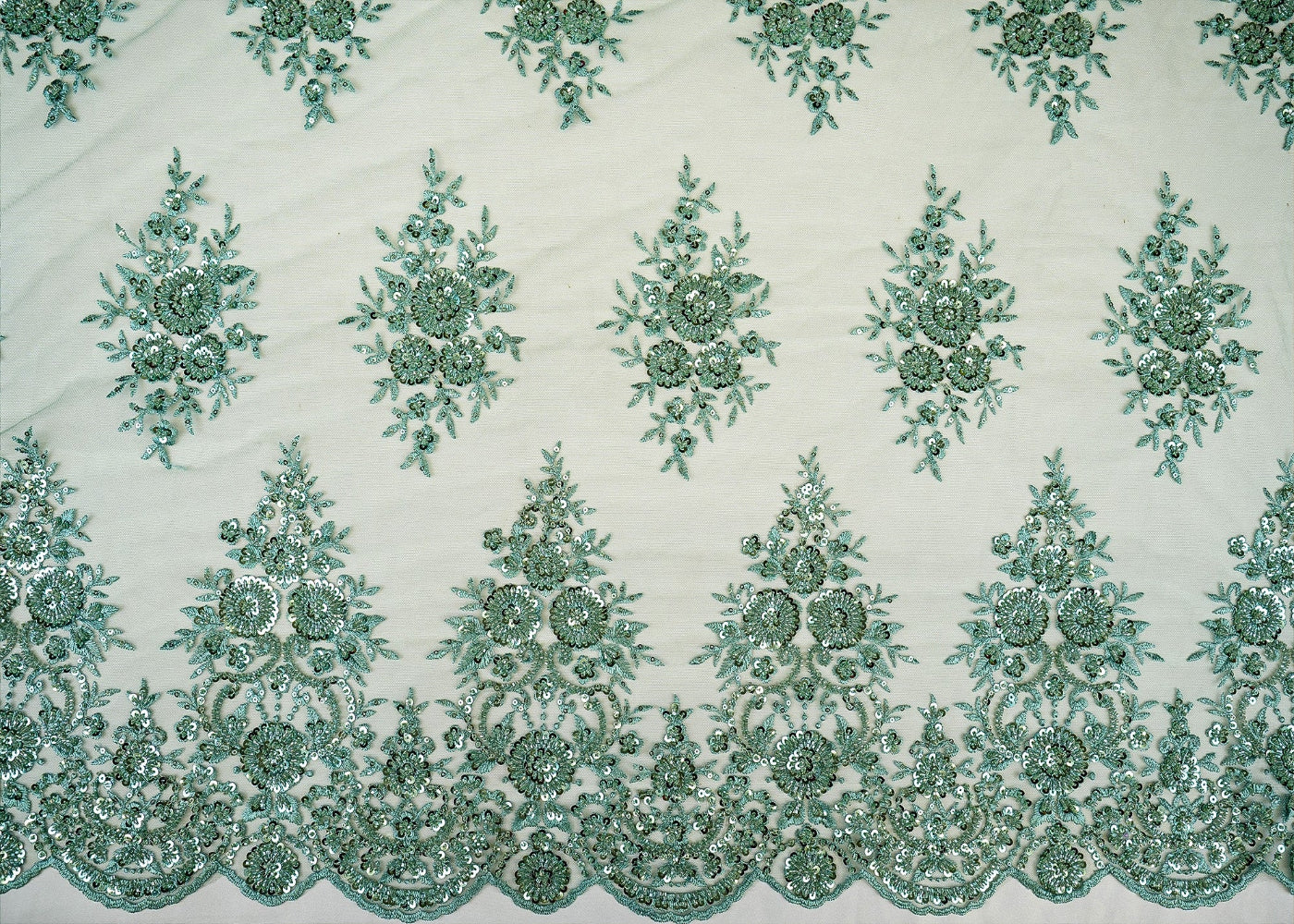 Sea Green Imported Net Floral Patchwork Elegance with Scalloped Border, Sequins, Beads, and Threadwork