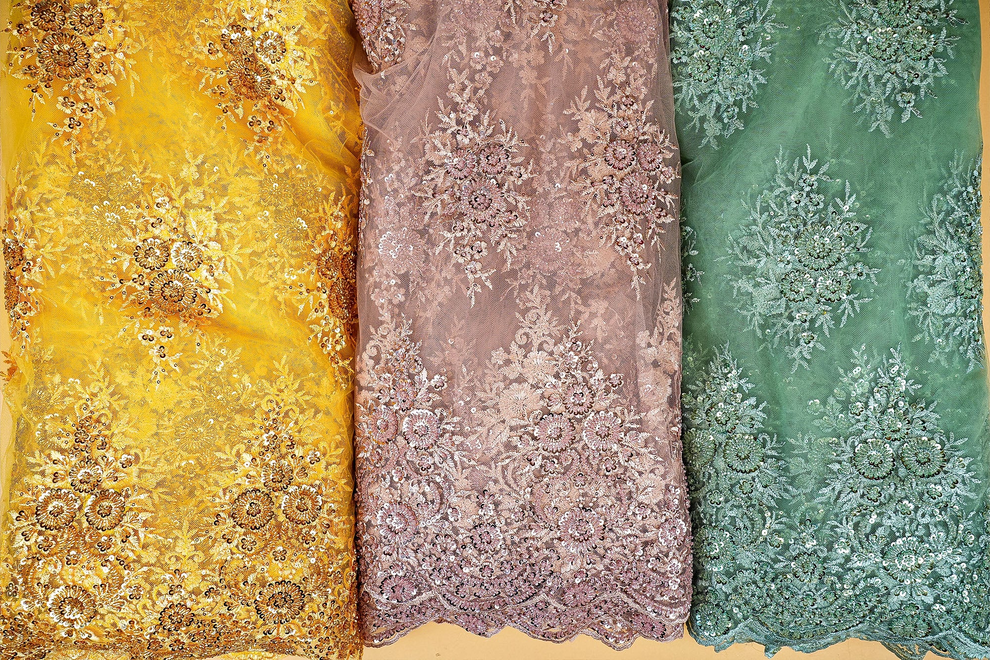 Rama Imported Net Floral Patchwork Elegance with Scalloped Border, Sequins, Beads, and Threadwork