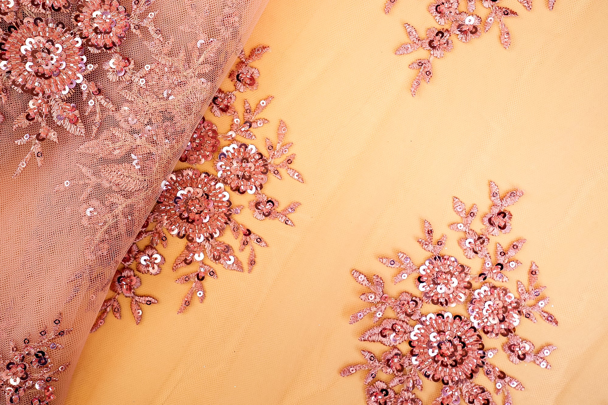 Light Pink Imported Net Floral Patchwork Elegance with Scalloped Border, Sequins, Beads, and Threadwork