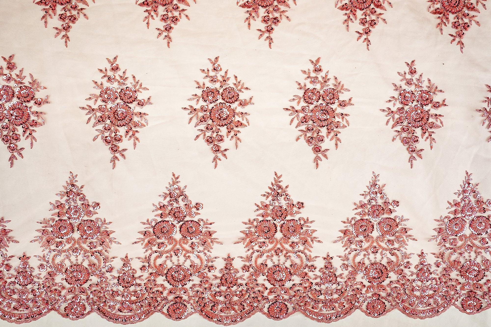 Light Pink Imported Net Floral Patchwork Elegance with Scalloped Border, Sequins, Beads, and Threadwork