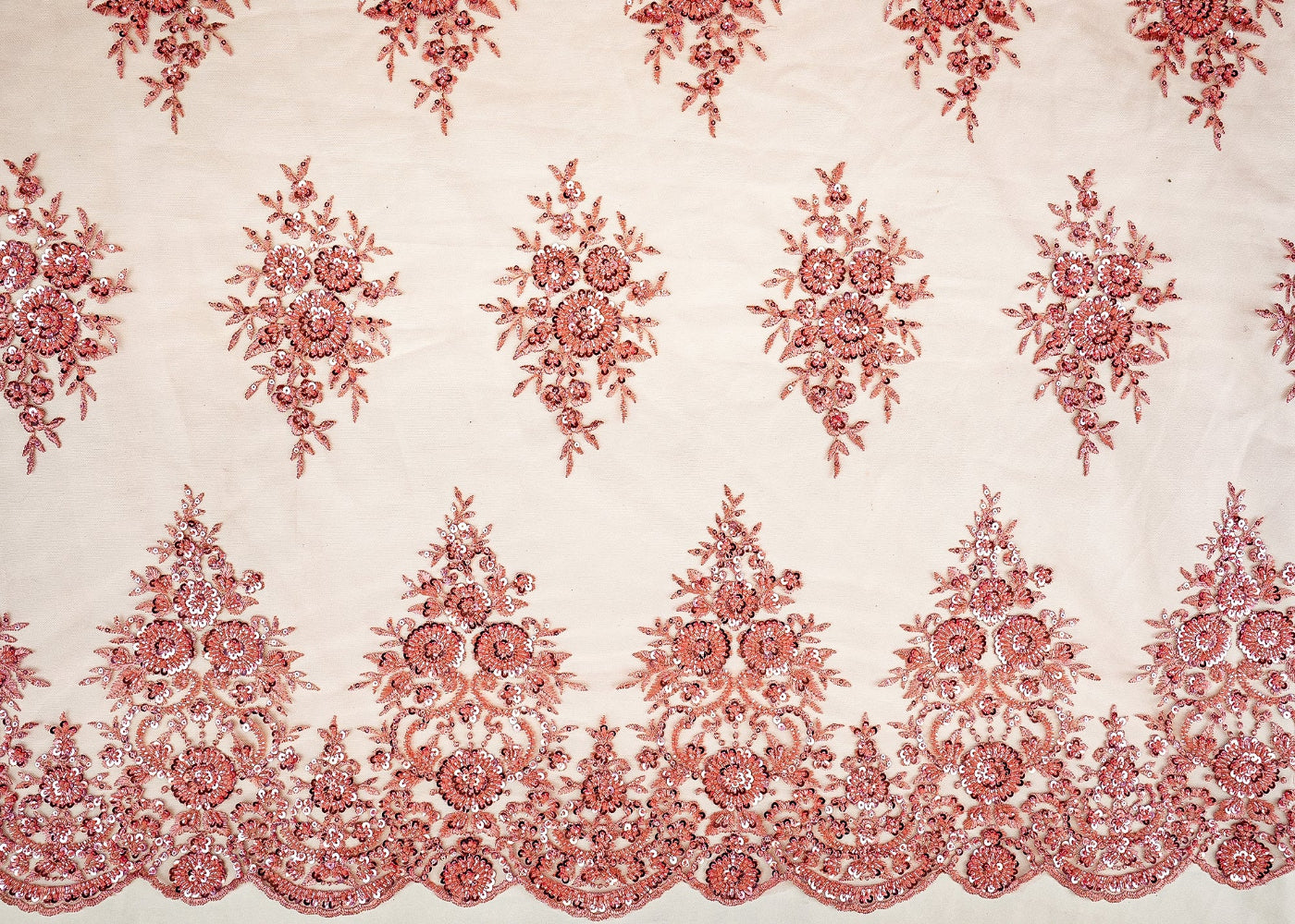 Light Pink Imported Net Floral Patchwork Elegance with Scalloped Border, Sequins, Beads, and Threadwork