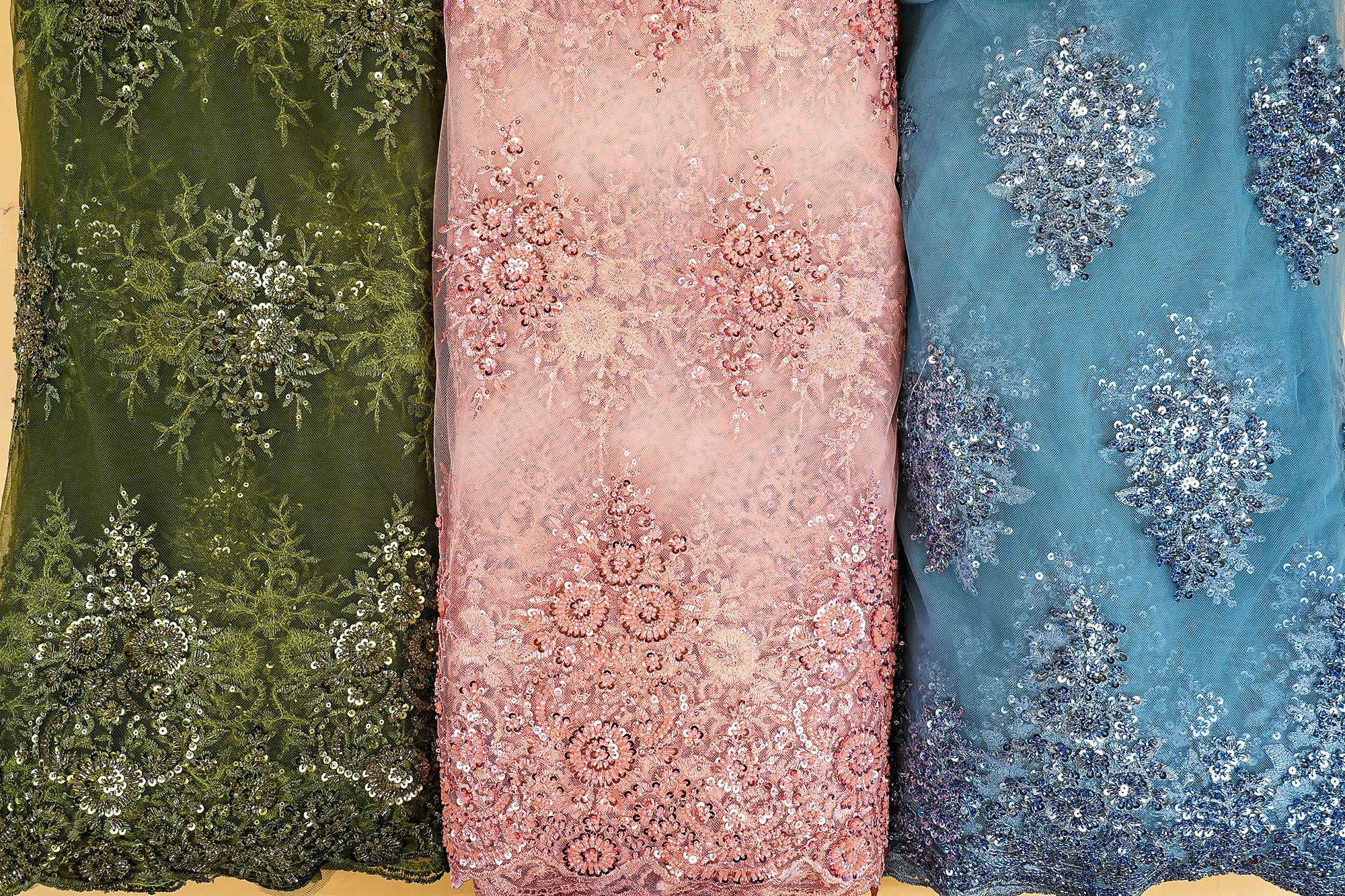 Light Pink Imported Net Floral Patchwork Elegance with Scalloped Border, Sequins, Beads, and Threadwork