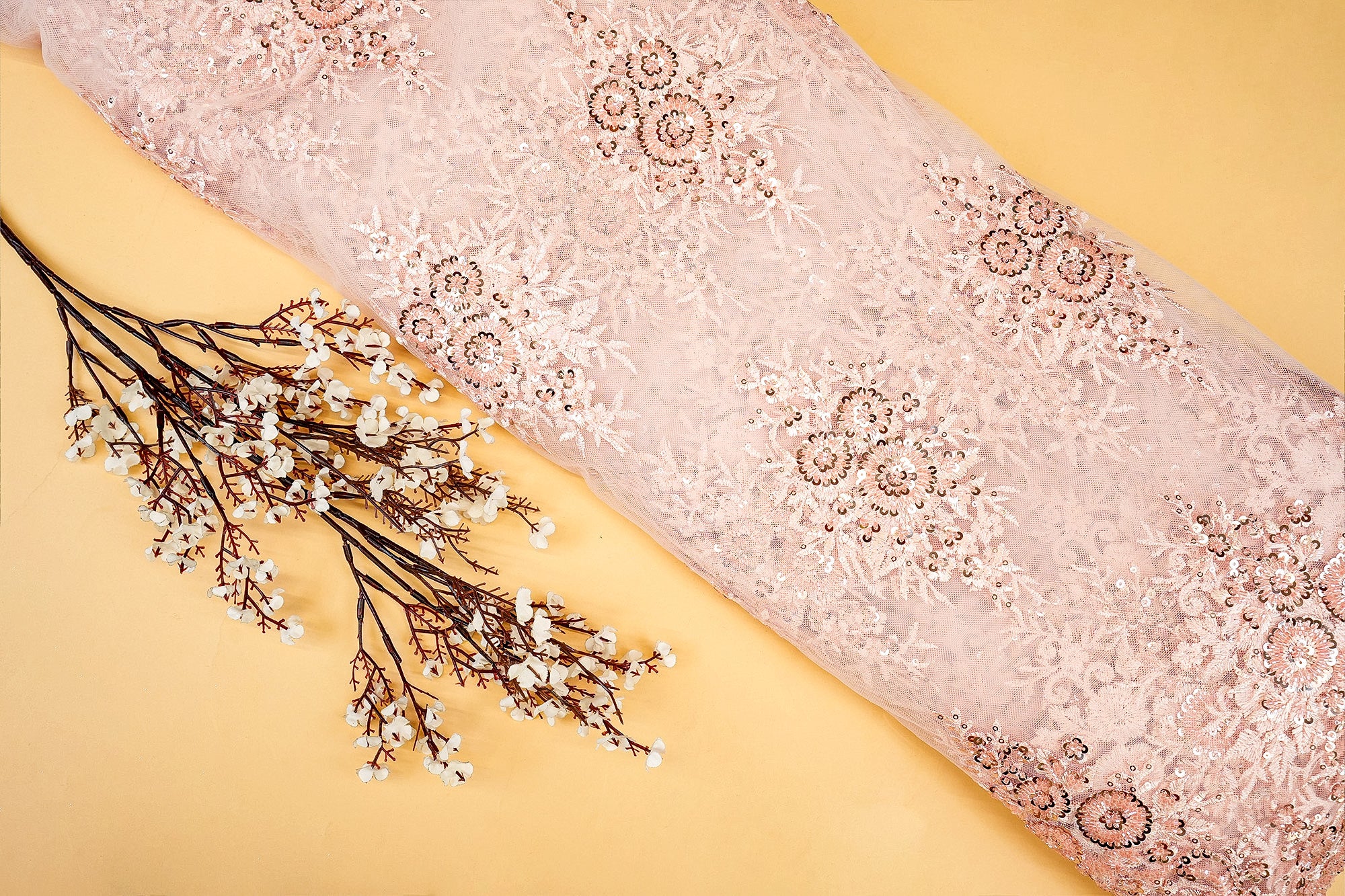 Imported Net Floral Patchwork Elegance with Scalloped Border, Sequins, Beads, and Threadwork- Paras Gallery Fabrics