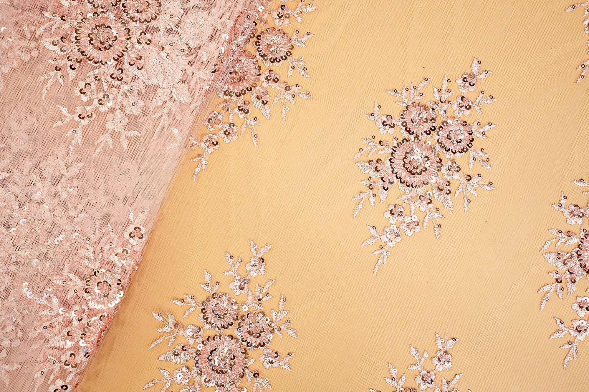 Bright Pink Imported Net Floral Patchwork Elegance with Scalloped Border, Sequins, Beads, and Threadwork