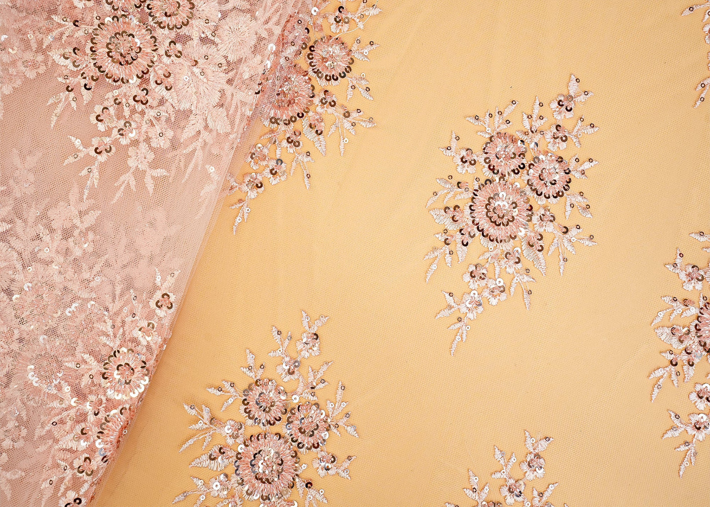 Bright Pink Imported Net Floral Patchwork Elegance with Scalloped Border, Sequins, Beads, and Threadwork