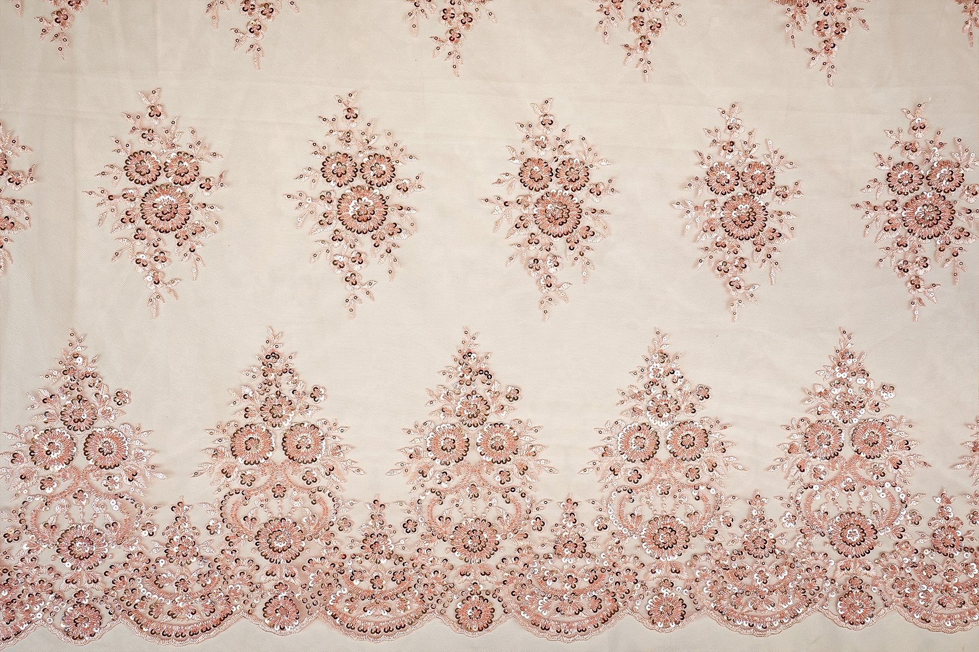 Bright Pink Imported Net Floral Patchwork Elegance with Scalloped Border, Sequins, Beads, and Threadwork