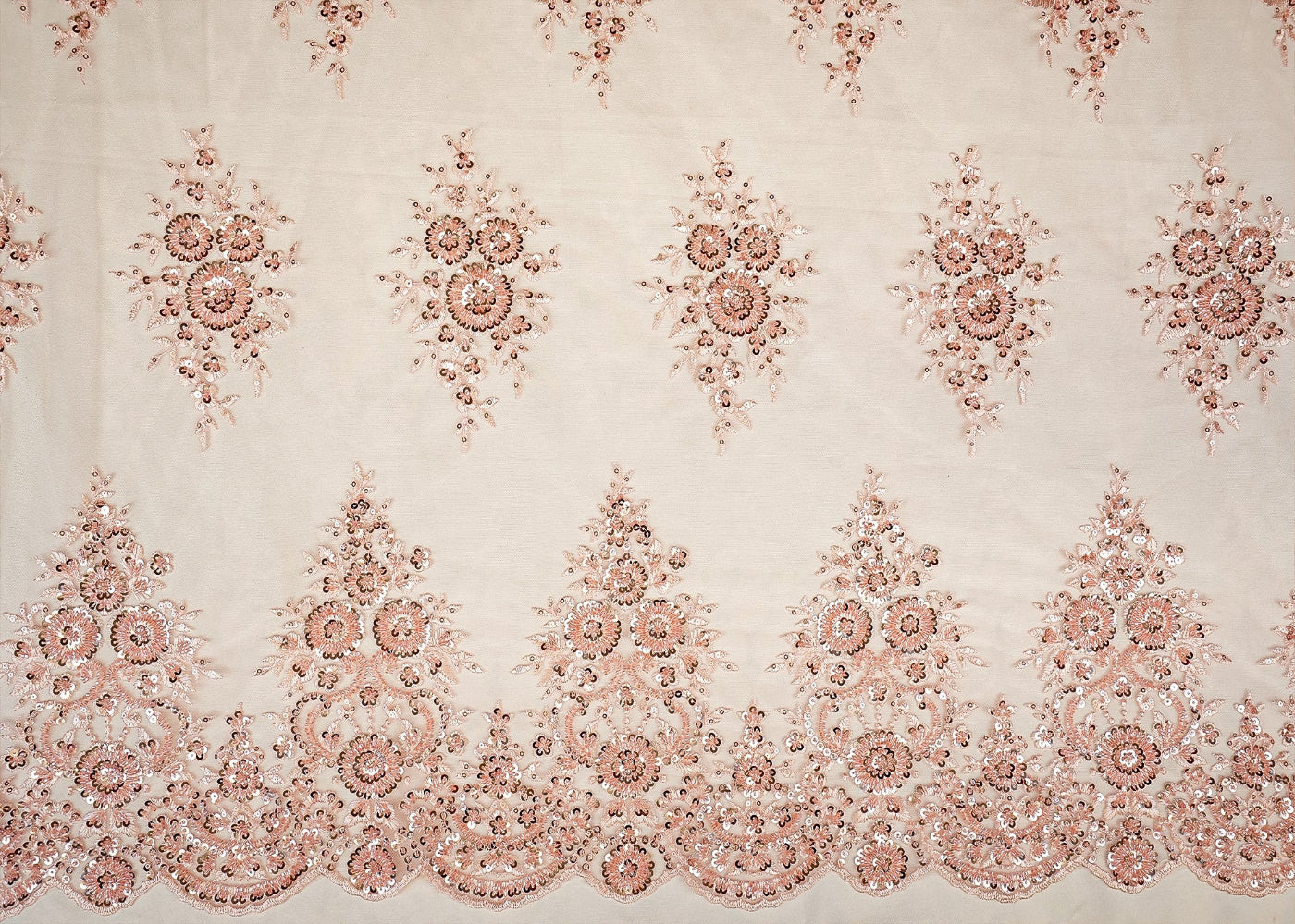 Bright Pink Imported Net Floral Patchwork Elegance with Scalloped Border, Sequins, Beads, and Threadwork
