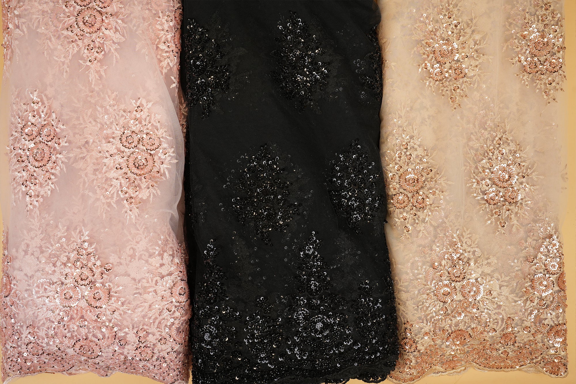 Bright Pink Imported Net Floral Patchwork Elegance with Scalloped Border, Sequins, Beads, and Threadwork
