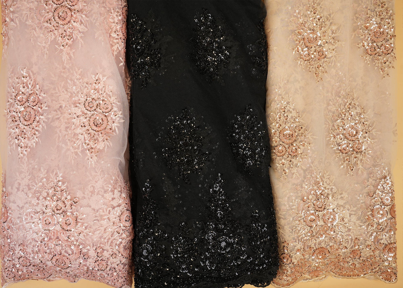 Bright Pink Imported Net Floral Patchwork Elegance with Scalloped Border, Sequins, Beads, and Threadwork