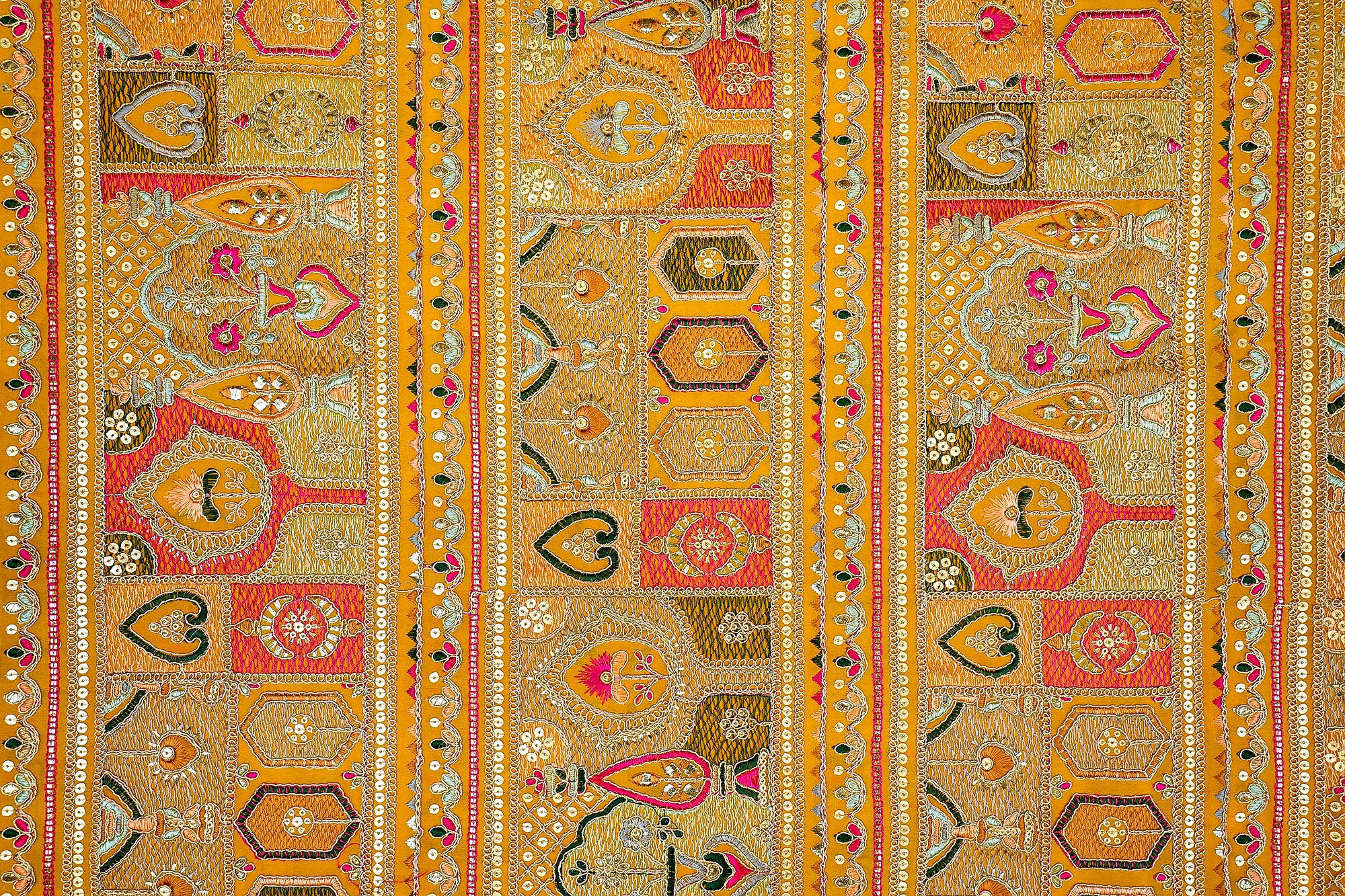 Mustard Traditional Georgette with All-Over Colorful Threadwork,Golden Sequins,Zari Embellishments