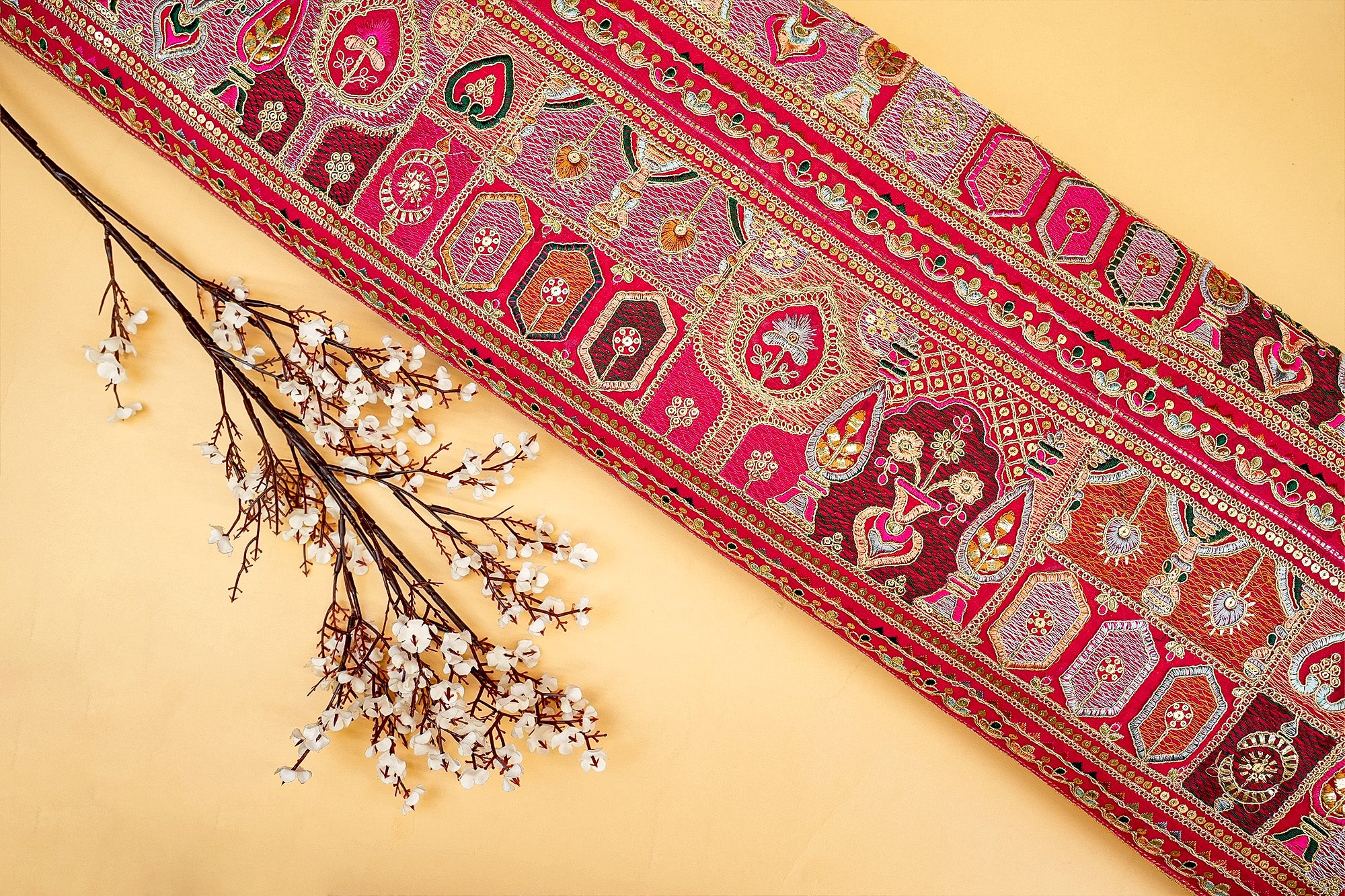 Rani Pink Traditional Georgette with All-Over Colorful Threadwork,Golden Sequins,and Zari Embellish - Paras Gallery Fabrics