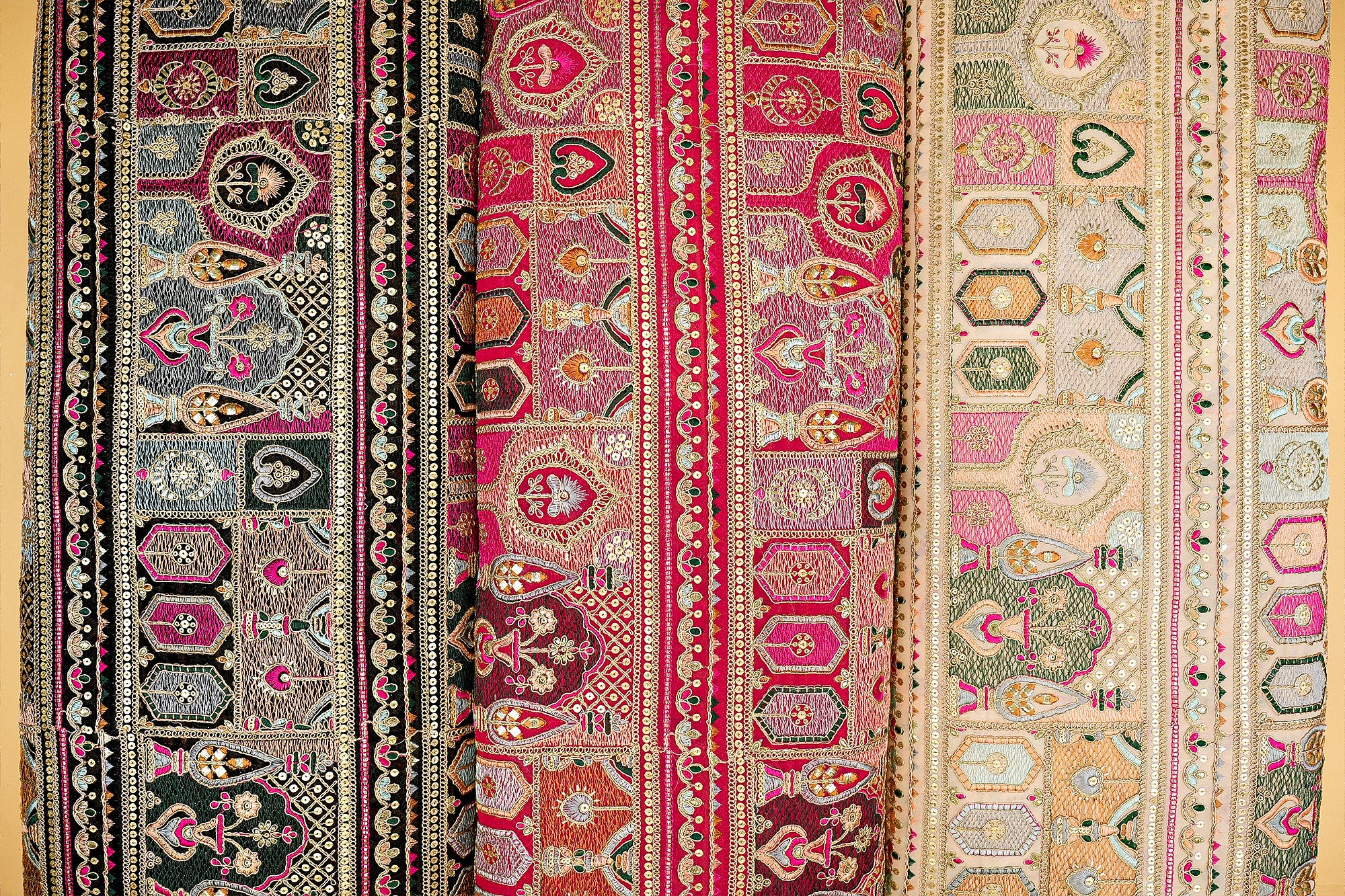 Rani Pink Traditional Georgette with All-Over Colorful Threadwork,Golden Sequins,and Zari Embellish