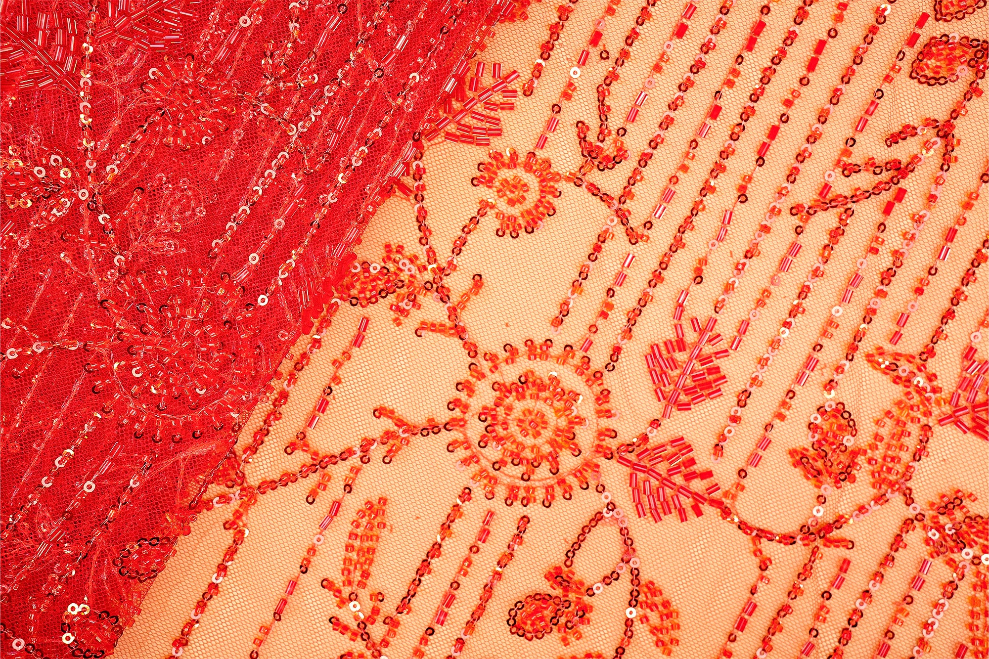 Red Imported Floral Majesty Net Fabric with Bead, Sequins, Kutdana Handwork and Heavy Border