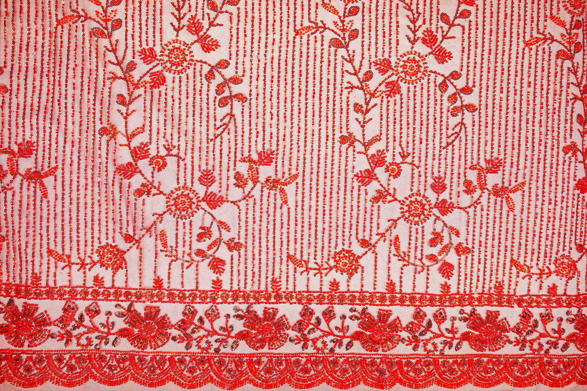 Red Imported Floral Majesty Net Fabric with Bead, Sequins, Kutdana Handwork and Heavy Border