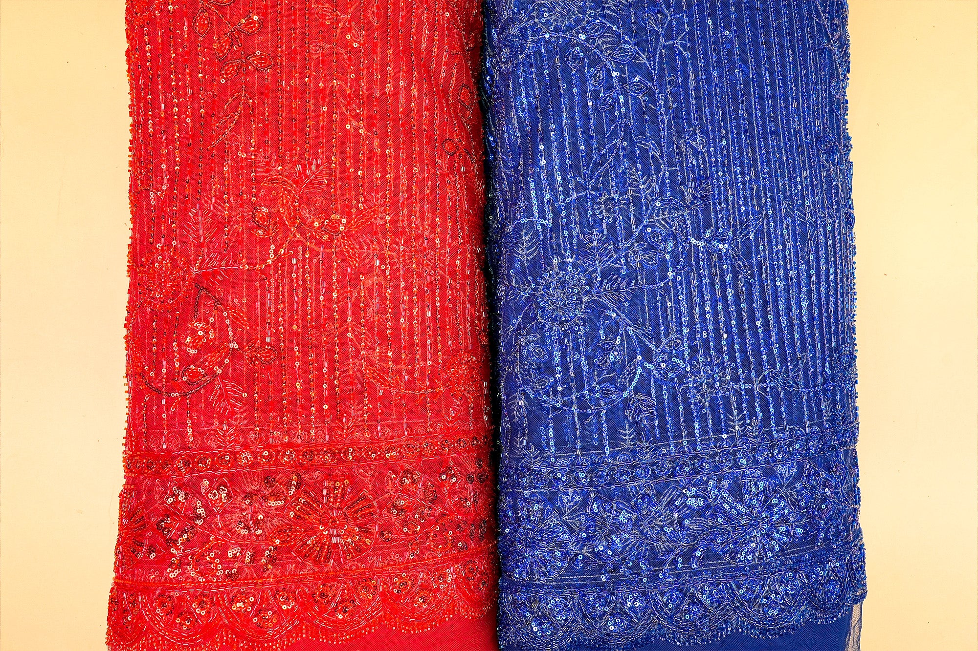 Red Imported Floral Majesty Net Fabric with Bead, Sequins, Kutdana Handwork and Heavy Border