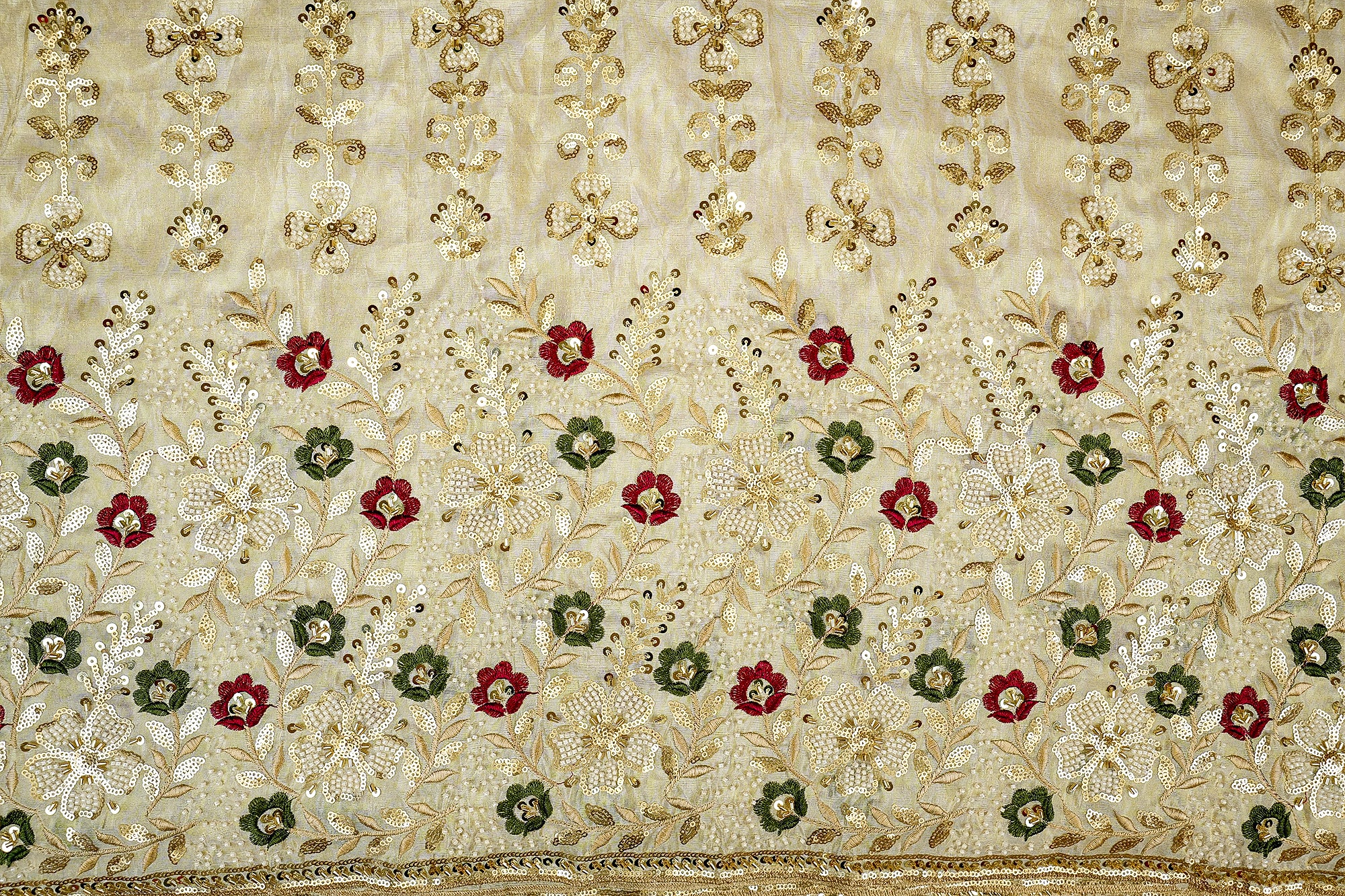 Golden Tissue Fabric with Heavy Floral Border of Sequins, Beads, Kutdana, and Threadwork