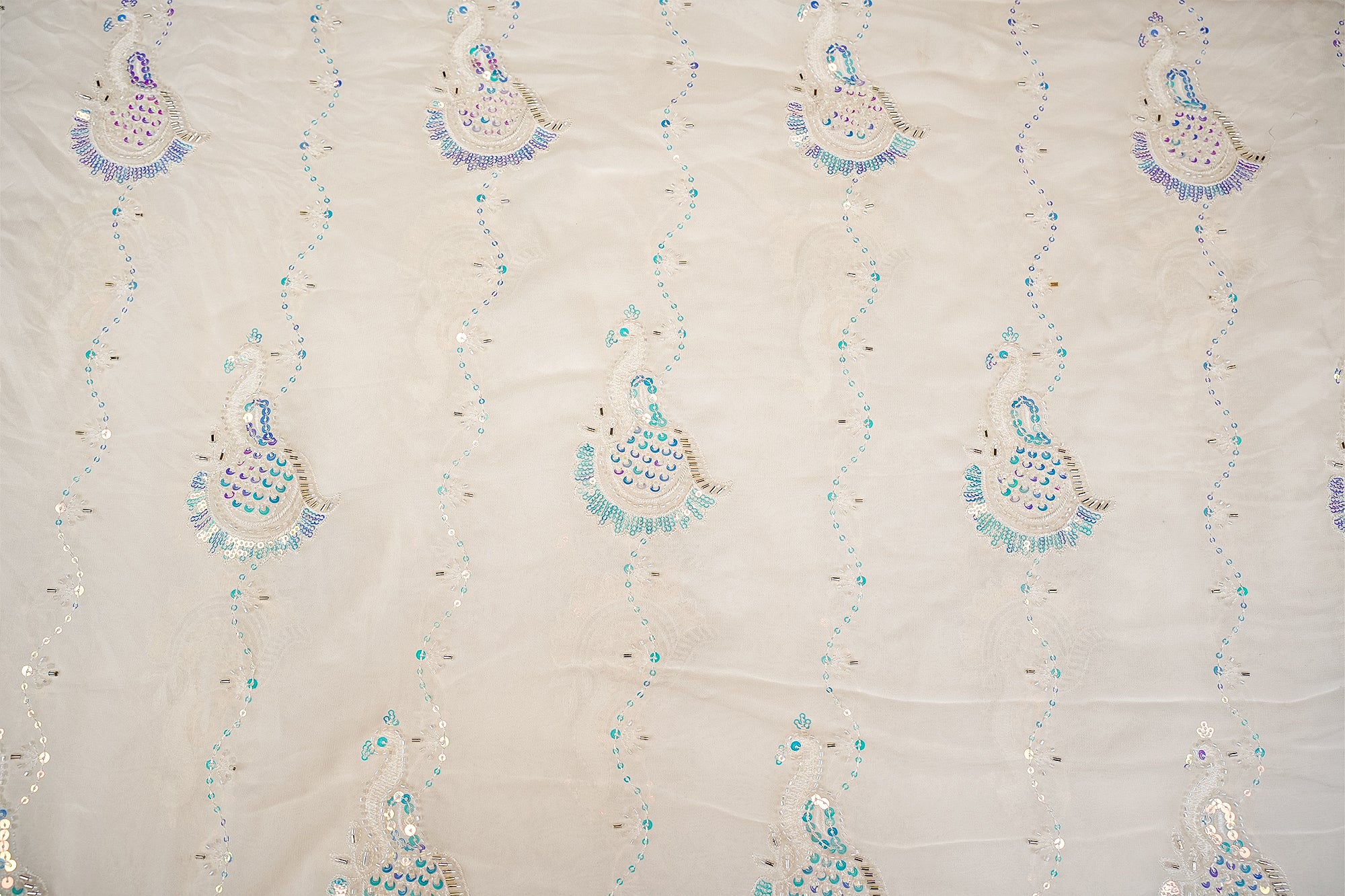 Dyeable Georgette Peacock Symphony Fabric with Rainbow Sequins, Kutdana, Beads, and Threadwork